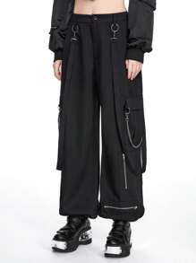 ROMWE Grunge Punk Quần Cargo thường ngày có dây đeo có thể tháo rời, túi khóa kéo bằng kim loại - màu đen - Xem 3