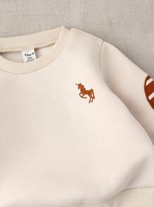 2pcs Baby Boys Casual Khaki Golf & Horse Embroidery Sweatshirt And Sweatpants Set, Suitable For Outings, Gatherings And Photo Shoots In Autumn And Winter