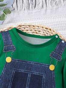 SHEIN Baby Boys Fall Denim Effect Printed Long Sleeve Round Neck Jumpsuit - Green - View 5