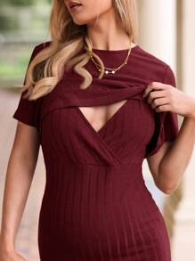 SHEIN 2 件套孕妇圆领短袖上衣和无袖连衣裙优雅装扮 - 酒紅色 - 查看 6