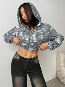 Flirla Áo hoodie tay dài dáng ngắn, khóa kéo phía trước, kiểu dáng thường ngày, thích hợp mặc vào mùa thu. - Nhiều màu - Xem 4