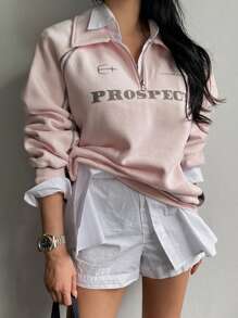 DAZY 女式休闲字母印花保暖内衬圆领运动衫，秋冬 - 粉色 - 查看 1