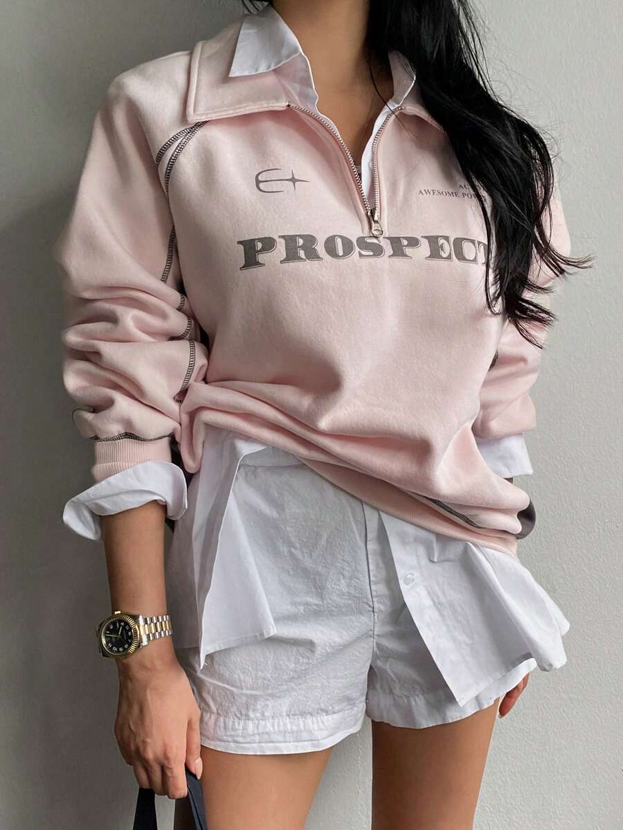 DAZY 女式休闲字母印花保暖内衬圆领运动衫，秋冬 - 粉色 - 查看 1