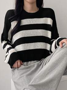 DAZY 女士条纹宽松针织毛衣 - 黑與白 - 查看 8