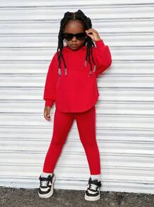 SHEIN Leap Crew 年轻女孩针织压花连帽上衣和运动裤套装，休闲运动 - 紅色 - 查看 2