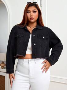 SHEIN EZwear 加大码纽扣长袖流苏下摆设计时尚潮流牛仔夹克 - 黑色 - 查看 4