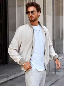 Manfinity Homme Men's Baseball Collar Zip-Up Fleece Jacket - Khaki - View 6