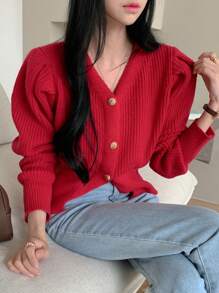 DAZY 女士宽松休闲开衫毛衣，秋装 - 紅色 - 查看 1