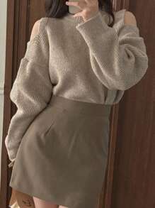 DAZY Women's Solid Color Open Shoulder Long Sleeve Sweater,Three Quarter Sleeve Tops