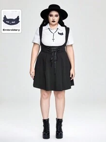 ROMWE Academia Plus Size Cat Embroidery Patchwork Shirt Dress, 2-Piece Look - Black and White - View 1