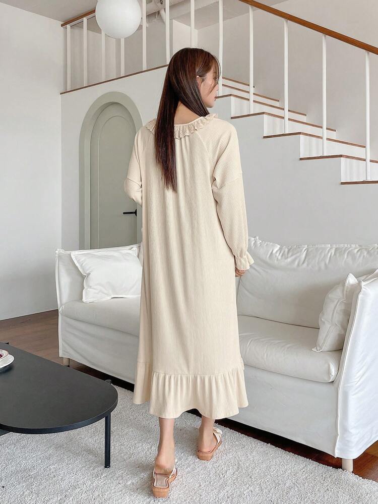 Ruffled Floral Decor Lovely Knit Nightgown Pajama