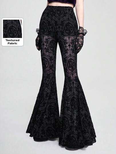 Goth Pantalon à jambes larges avec imprimé de croix, de vigne et de crâne gothique romantique floqué