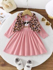 Baby Girls' Cute Cat Letter Printed Dress & Leopard Fleece Vest 2pcs Set, Spring Autumn - Multicolor - View 6