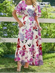 Rafferiza Vestido largo con cuello redondo, mangas con volantes y estampado floral en corte evasé para mujer - Rosa - Ver 6