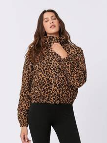 Easelle Snap-Button Leopard Print Corduroy Down Jacket - Brown - View 7