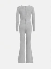 Tween Girls Fashion Streetwear Solid Color Square Neck Long Sleeve Jumpsuit