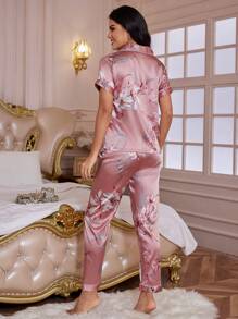 Floral Print Satin Lapel Pajama Set - Coral Pink - View 2