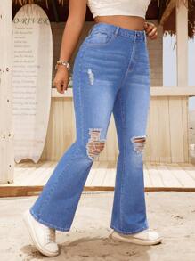 Breezaya Quần Jeans Ống Loe Túi Xé Size Lớn Thường Ngày - Rửa nhẹ - Xem 3