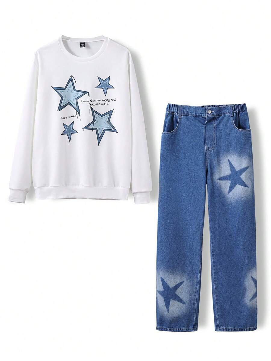 Teen Boys White Star Print Sweatshirt + Star Pattern Wide Leg Jeans 2pcs/Set - White - View 1
