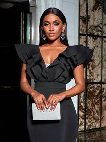 Faeriesty 深 V 领分层荷叶边鸡尾酒会礼服优雅舞会半正式婚礼宾客礼服，适合生日、毕业典礼、晚宴、返校节派对礼服 - 黑色 - 查看 6