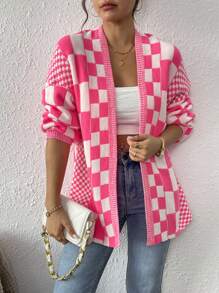 EMERY ROSE Cardigan cu mânecă lungă, cu mânecă lungă, cu imprimeu în carouri, pentru femei - Roz fierbinte - Vizualizare 3