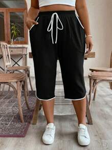 Plus Size Women Drawstring Waist Loose Fit Capri Pants With Pockets Graduation,Back To School Outfits,Graduation,Teacher Outfits For Women,Back To School