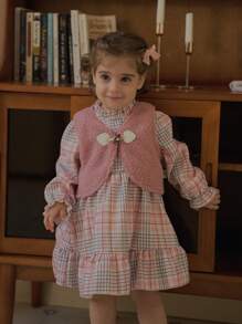 SHEIN 2pcs Baby Girl Plus Fleece Thick Vest Dress Suit, Pink Plaid Princess Dress, Spring Autumn - Pink - View 6