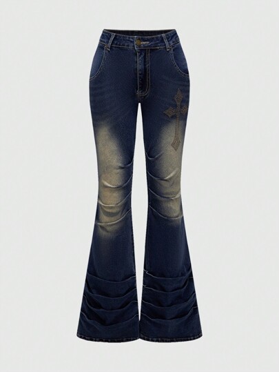 Grunge Punk Jean skinny pattes d'éléphant rétro délavé, élastique, avec strass et effet froissé pour femmes