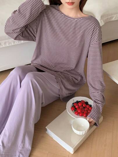 DAZY Striped Tie Back Blouse & Relaxed Wide Leg Pants Homewear Set Pajama