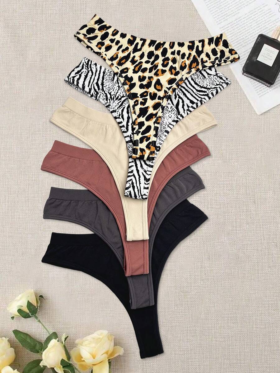 SHEIN Sports 6pcs Women Solid Color, Leopard Print, Zebra Pattern Sports Briefs