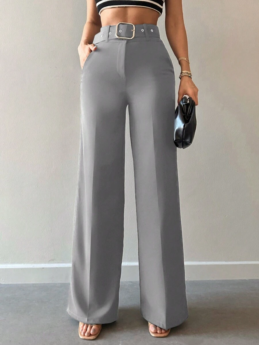 EURMUSE Solid Color Wide Leg Suit Pants With Belt - Grey - View 1