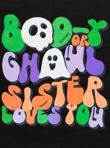 1pc Black Oversized Tween Boy Casual Ghost Colorful Graphic Print Thermal Lined Round Neck Drop Shoulder Long Sleeve Sweatshirt Clothes, Suitable For Halloween, Fall/Winter