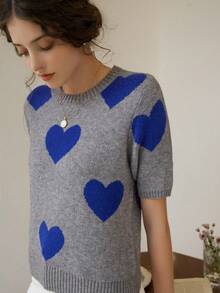 Knit Mix 法式针织通勤女式上衣，心形图案圆领短袖宽松休闲夏季毛衣，情人节礼物，返校季秋季女装 - 灰色 - 查看 11