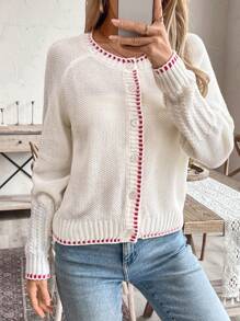 SHEIN LUNE Retro Chic Color Block Trim Loose Knit Cardigan, European & American Style - White - View 6