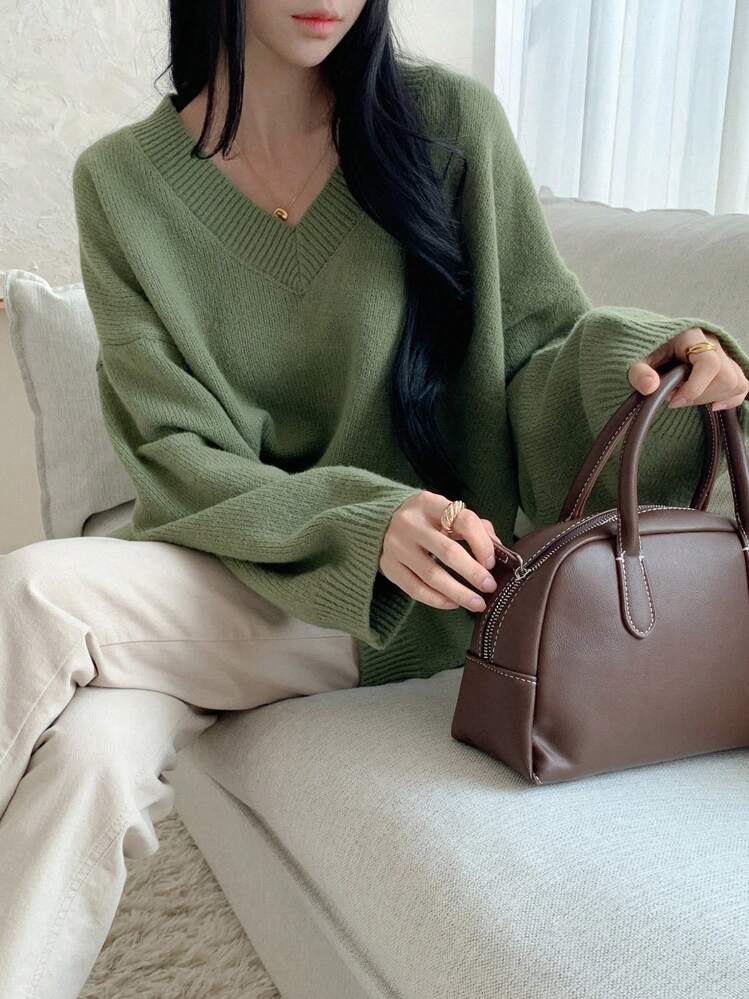 DAZY 여성용 루즈핏 브이넥 긴팔 스웨터, 긴팔 탑, 가을 여성 의류 - 녹색 - 보기 5