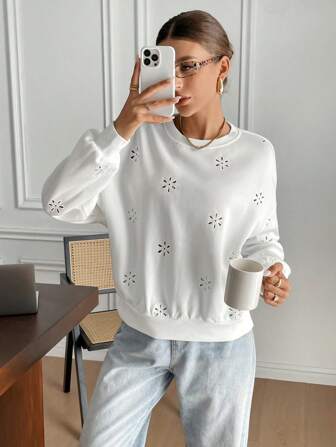 SHEIN Frenchy Sweatshirt en tricot à col rond unicolore avec broderie, manches longues pour femmes