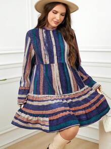 SHEIN LUNE 大码女式拼色条纹印花圆领长袖连衣裙 - 彩色 - 查看 3