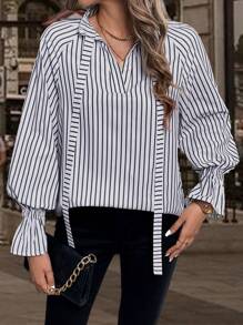 SHEIN LUNE Women's Loose Long Sleeve Tied Collar All-Match Versatile Striped Shirt, Business Casual Fall Cloth For Women - Black and White - View 3