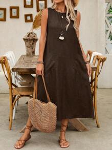 Breezaya Vestido casual de mujer de cuello redondo, sin mangas, con bolsillos, largo maxi para vacaciones o playa