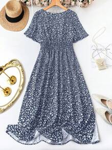 Breezaya 大码 V 领短袖全身印花优雅迷人连衣裙 - 藏蓝色 - 查看 2