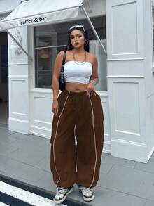 Flirla 大码纯色松紧腰带抽绳工装裤带饰边 - 棕色 - 查看 6