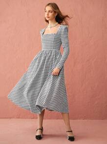 Enchnt Women's Square Neck Jacquard Knit Slim Fit A-Line Hem Long Sleeve Elegant Dress,Party,Date,Fall Women Clothes,Winter Women Clothes - Black and White - View 3