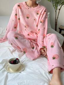 DAZY Cute Strawberry Pattern Flannel Thickened Pajama Set - Pink - View 9
