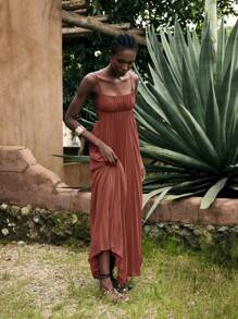 Maija Vestido Vermelho Tijolo Feminino, Roupa de Férias de Verão, Vestido de Praia Sólido Boêmio Moderno de Resort, Vestido Plissado Sem Mangas Minimalista