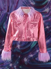 SHEIN Chaqueta brillante de PU con detalles de flecos para niñas preadolescentes, otoño - Rosa Oxidada - Ver 8