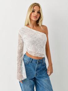 SHEIN Unity 女士纯色不对称领透明长袖衬衫 - 白色 - 查看 5