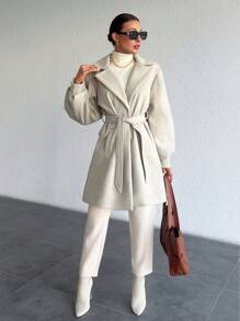 EURMUSE Lapel Neck Lantern Sleeve Belted Overcoat - Beige - View 4