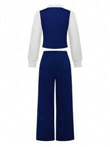 SHEIN 2 件青少年女孩休闲优雅校园/办公室 2 合 1 衬衫和裤子套装