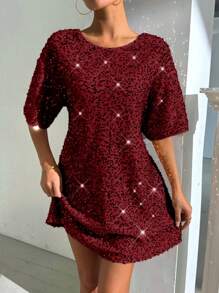 Zolique Đầm ngắn hở lưng trang trí sequin cổ chữ V đơn giản - Màu Đỏ Sâu - Xem 2