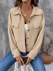 SHEIN LUNE Solid Color Front Button Turndown Collar Simple Pocket Casual Jacket - Khaki - View 1